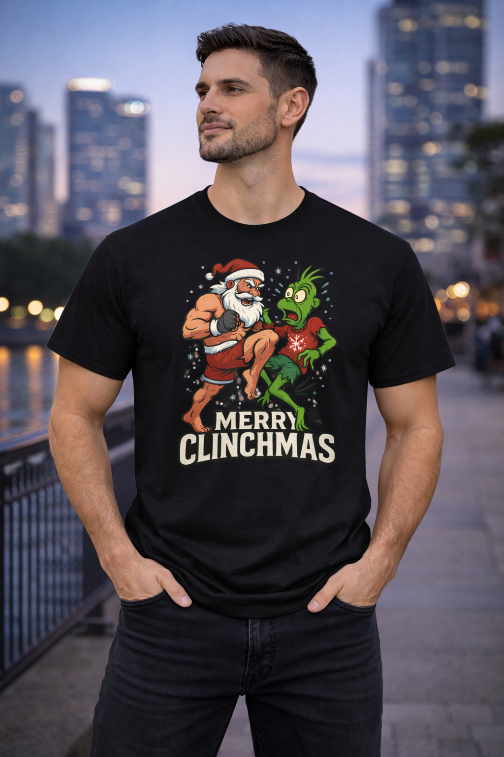 Merry Clinchmas - (Santa vs Green Holiday Villain) T-Shirt | Funny Christmas Tee